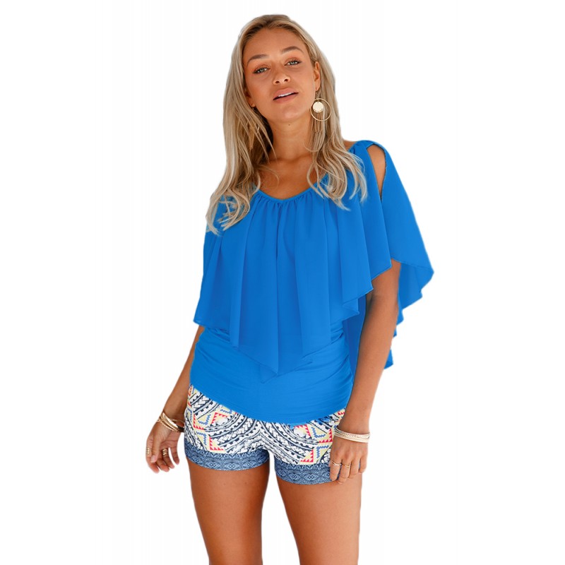 Blue Cold Shoulder Flutter Top