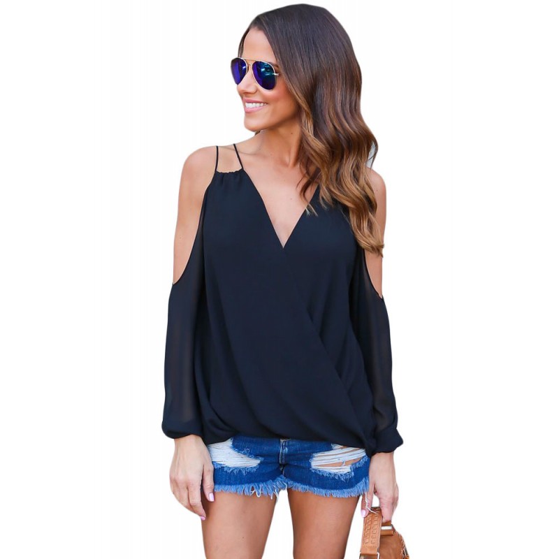 Black Cold Shoulder V Neck Wrap Front Breezy Blouse