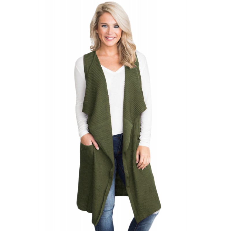 Army Green Pocket Long Cardigan Vest