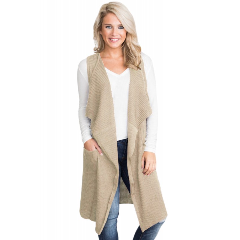 Khaki Pocket Long Cardigan Vest