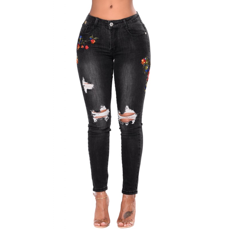 Black Mid Rise Distressed Rose Embroidery Jeans