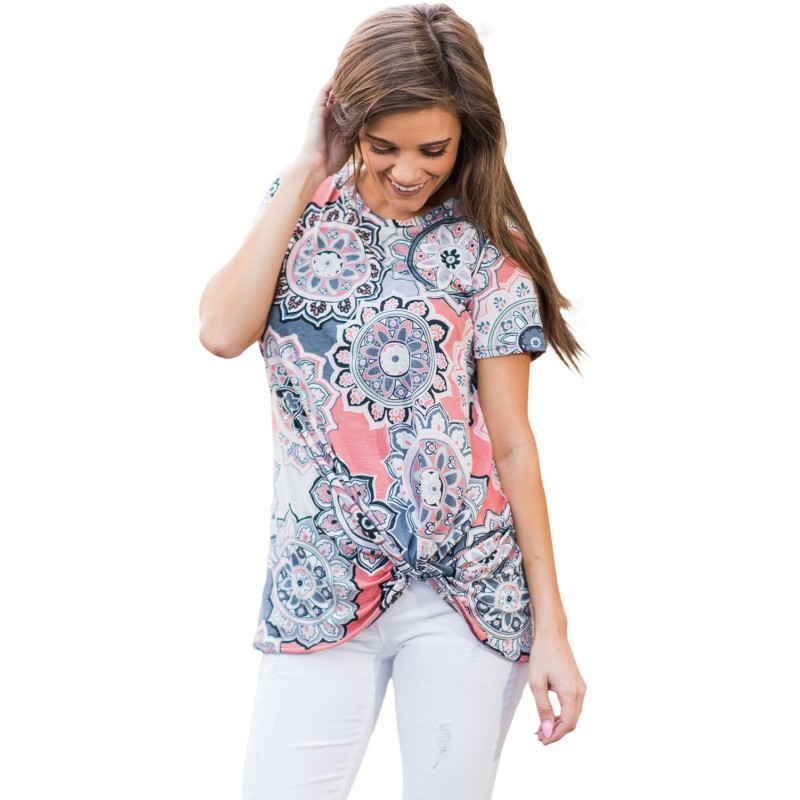 Boho Print Short Sleeve Knot Top