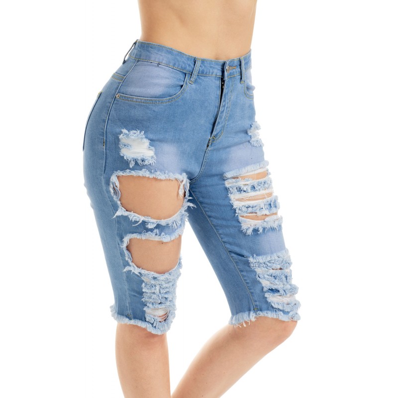 Light Blue Frayed Cutout Bermuda Shorts