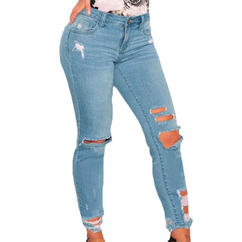 Light Blue Denim Destroyed Ankle Length Skinny Jea...