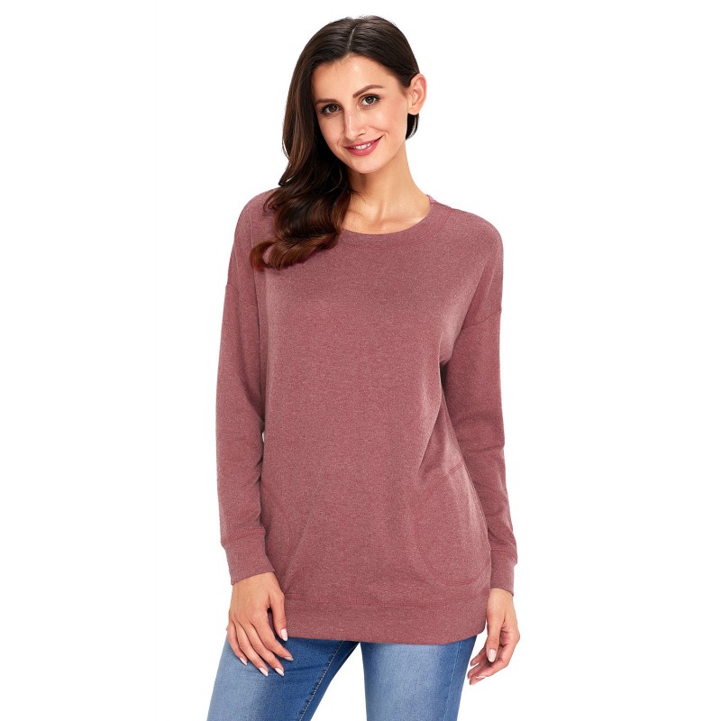 Rust Red Casual Pocket Style Long Sleeve Top