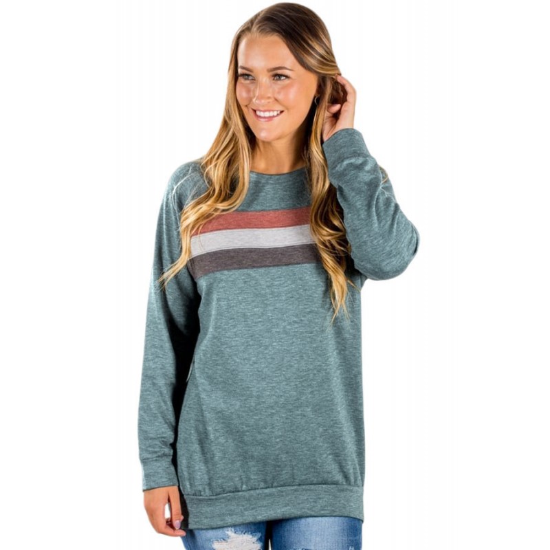 Green Contrast Stripes Pullover Sweatshirt