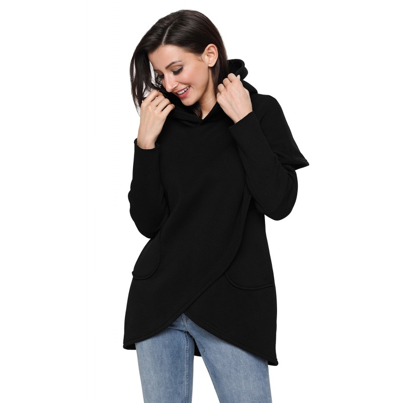 Black Tulip Wrap Cape Style Long Sleeve Hoodie