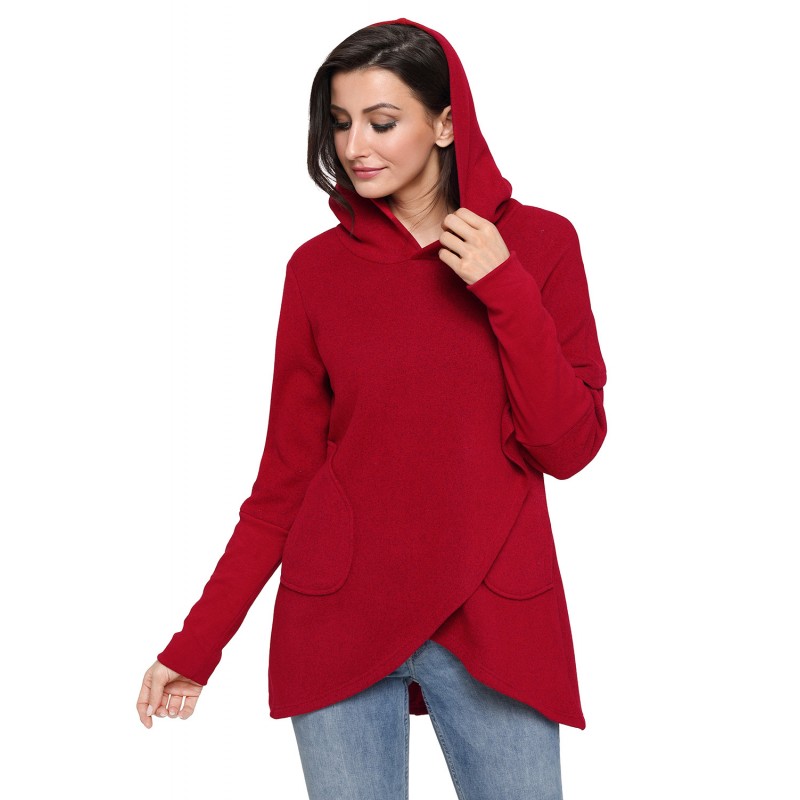 Burgundy Tulip Wrap Cape Style Long Sleeve Hoodie