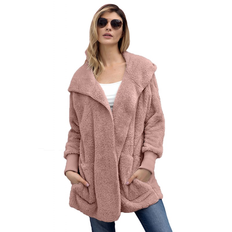 Pink Soft Fleece Hooded Open Front Coat