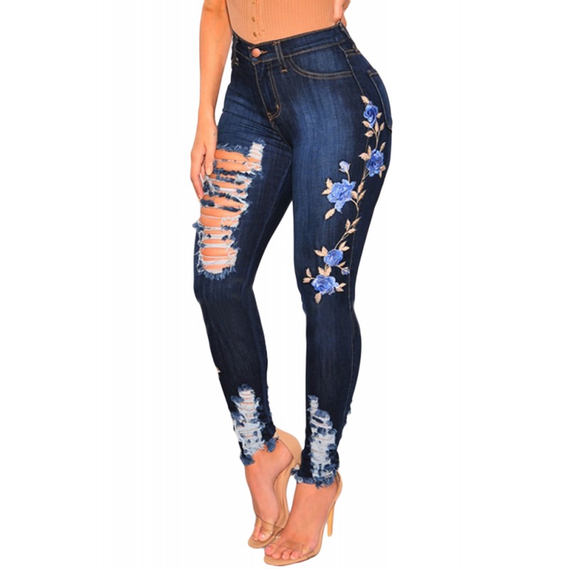 Dark Denim Embroidered Floral Destroyed High Waist...