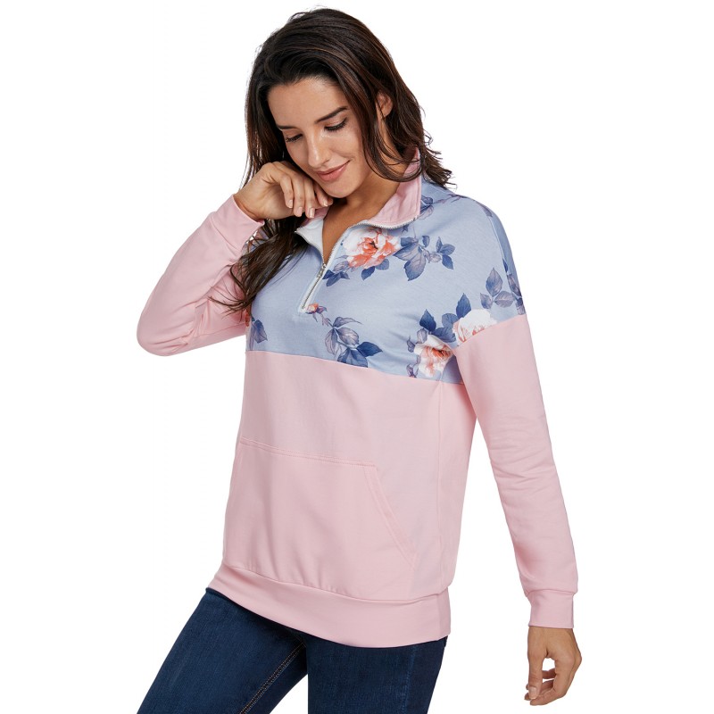 Floral Splice Pink Kangaroo Pocket Zip Collar Swea...