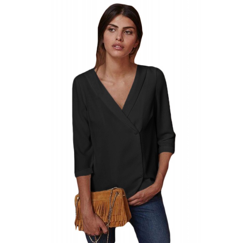 Black Button Back Lapel V Neck Blouse