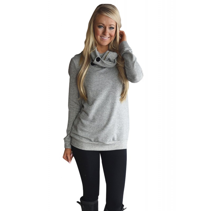 Gray Button and Zipped Cowl Neck Sweatshirt