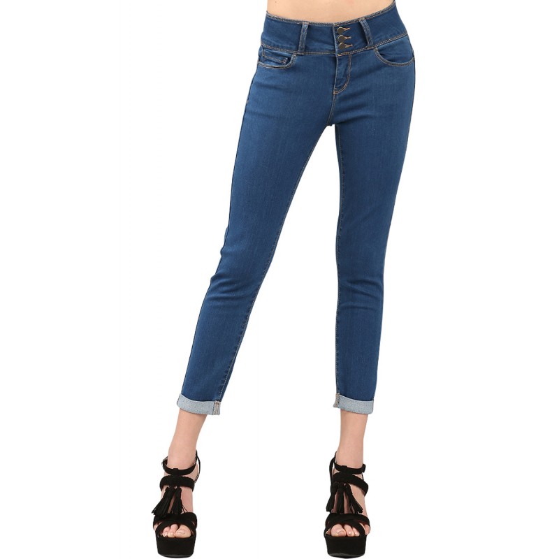 Medium Denim Cuffed Butt Lifting Skinny Jeans