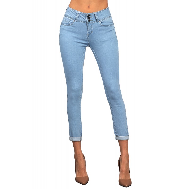 Light Denim Cuffed Butt Lifting Skinny Jeans