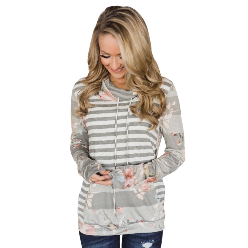 Gray Floral Multi Striped Sweatshirt