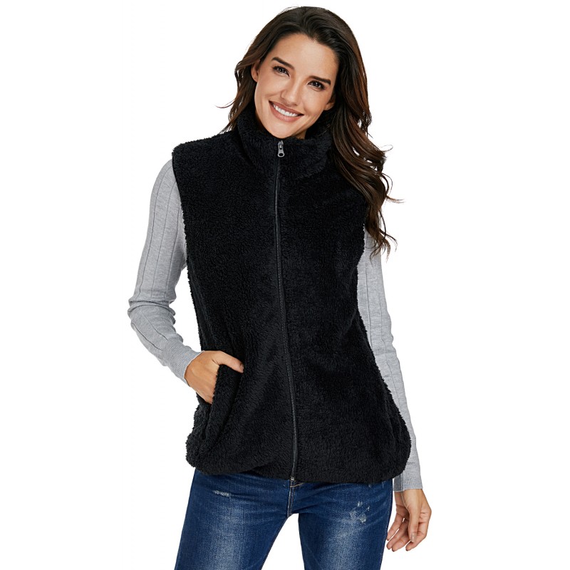 Black Furry High Neck Vest Jacket