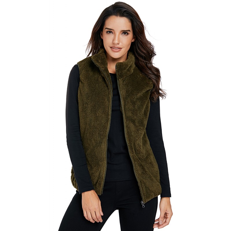 Olive Green Furry High Neck Vest Jacket