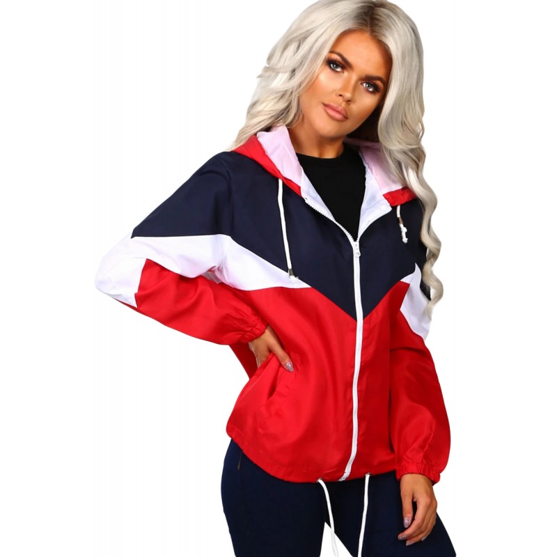 Red Hooded Triple Color Block Sporty Jacket