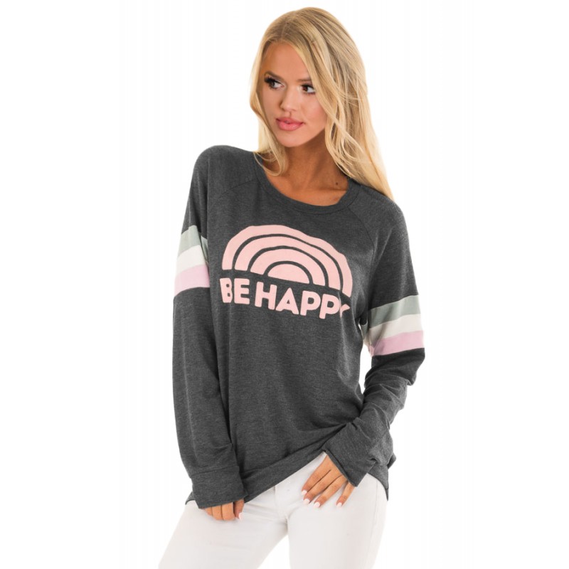 Gray Be Happy Graphic Sweatshirt