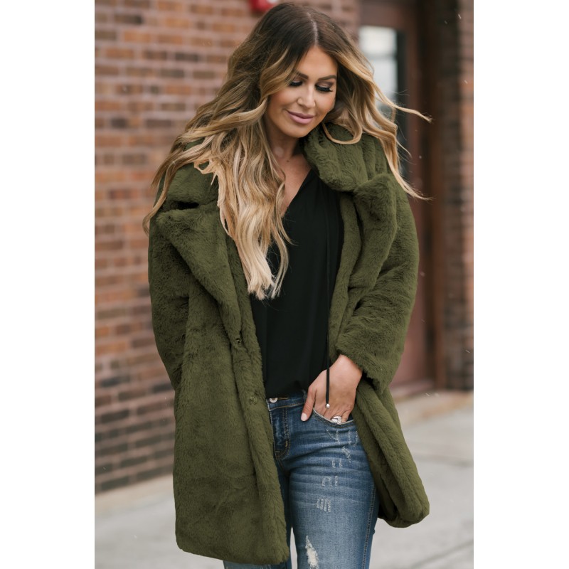 Green Pocketed Faux Fur Longline Coat